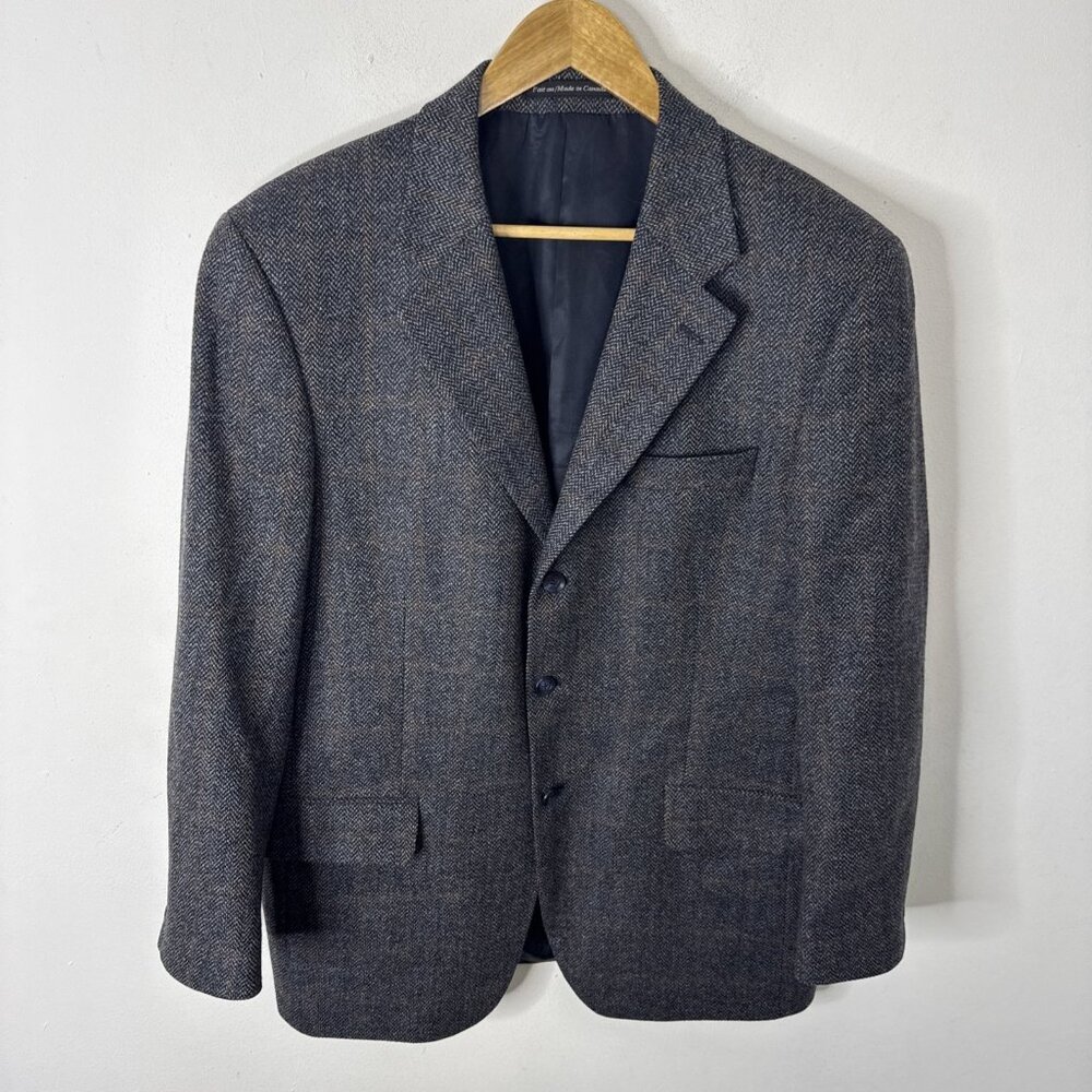 S. Cohen Wool Cashmere Men 42 Gray Blue Check Blazer Sports Coat 3 Button